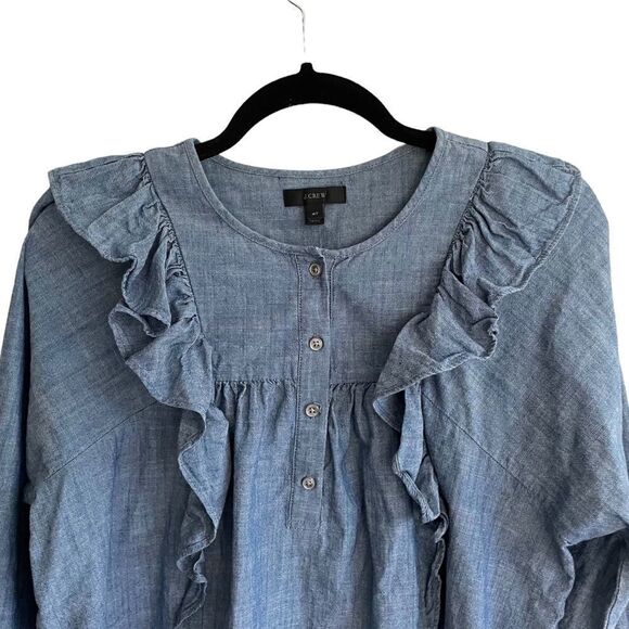 J. CREW Blue Chambray Denim Popover Long Sleeve Shirt Blouse Top Ruffle 4T - Picture 2 of 7